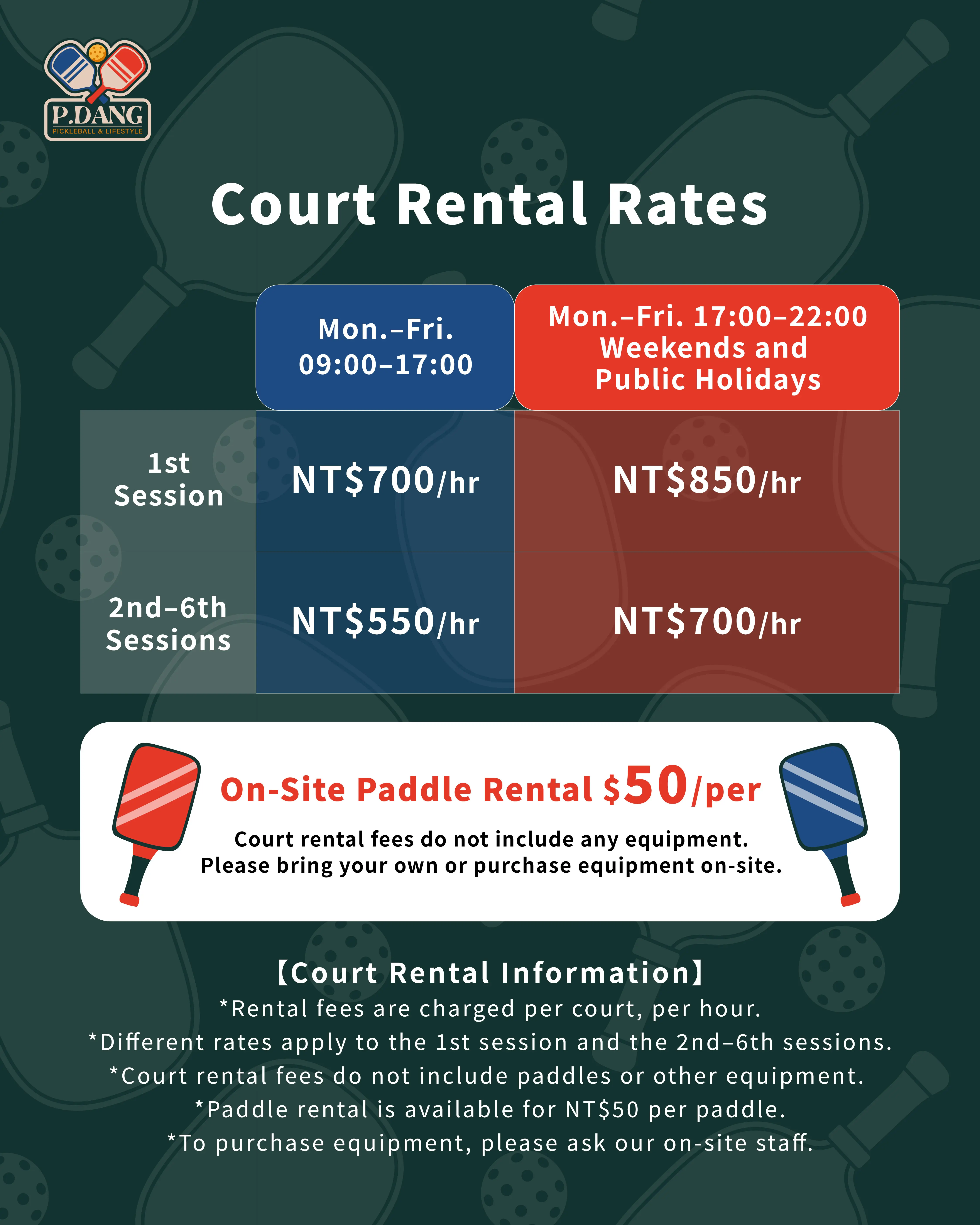 Court rental rate card